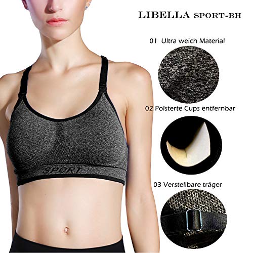 Libella Mujer Sujetador Deportivo Push Up Bustier con Amplio Correas Fitness Yoga Camisetas Sin Mangas 3714 Gris L/XL