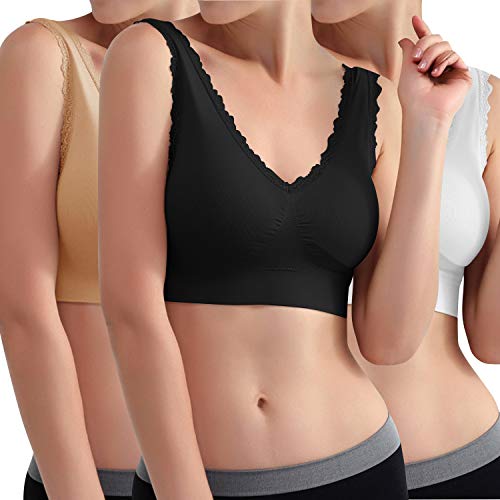 Libella Sujetador Deportivo sin Costuras de 3 Piezas Sujetador de Yoga con Almohadillas Removibles para Mujeres Ultra-Lift de Komfort- BH Negro Beige Blanco 3747 L/XL