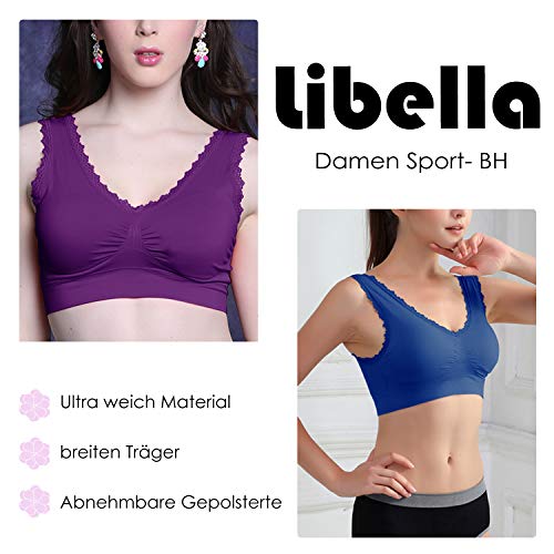 Libella Sujetador Deportivo sin Costuras de 3 Piezas Sujetador de Yoga con Almohadillas Removibles para Mujeres Ultra-Lift de Komfort- BH púrpura Azul Gris 3747 L/XL