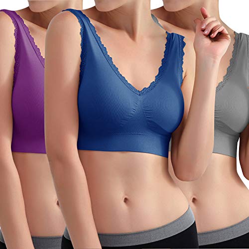 Libella Sujetador Deportivo sin Costuras de 3 Piezas Sujetador de Yoga con Almohadillas Removibles para Mujeres Ultra-Lift de Komfort- BH púrpura Azul Gris 3747 L/XL