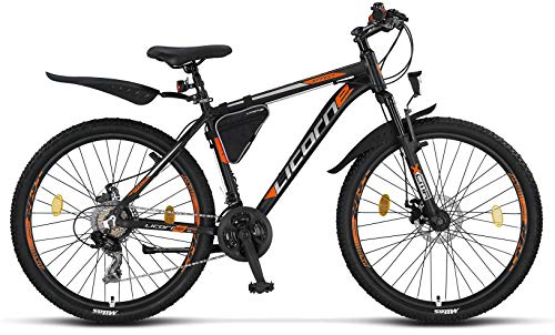 Licorne Bike Bicicleta de montaña prémium para niños, niñas, hombres y mujeres, cambio Shimano de 21 velocidades, para hombre, Effect, Niñas, negro/naranja (2 frenos de disco)., 66,04 cm