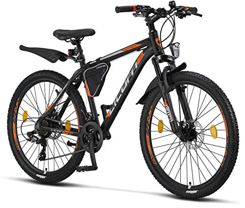 Licorne Bike Bicicleta de montaña prémium para niños, niñas, hombres y mujeres, cambio Shimano de 21 velocidades, para hombre, Effect, Niñas, negro/naranja (2 frenos de disco)., 66,04 cm
