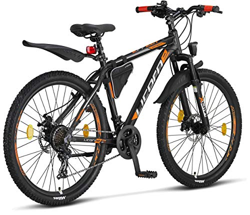 Licorne Bike Bicicleta de montaña prémium para niños, niñas, hombres y mujeres, cambio Shimano de 21 velocidades, para hombre, Effect, Niñas, negro/naranja (2 frenos de disco)., 66,04 cm