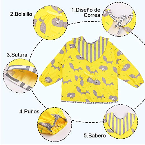 Lictin 3 Pcs Baberos Bebés con Mangas Impermeable- Baberos Manga Larga de Algodón con Escote Ajustable, Material de Algodón Exterior, Tela Impermeable Interior, Cómodo y Transpirable para 0-24 Meses