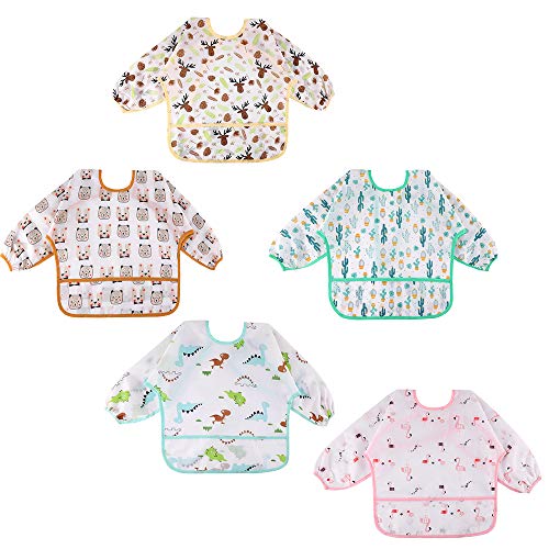 Lictin Baberos Bebe Impermeables- 5 Pcs Baberos Bebe con Mangas con Escote Ajustable, Baberos Bebe Impermeables con Mangas para Bebes de 0-24 Meses Lictin Baberos Bebe Impermeables- 5 Pcs Baberos Bebe con Mangas con Escote Ajustable, Baberos Bebe Impermeables con Mangas para Bebes de 0-24 Meses