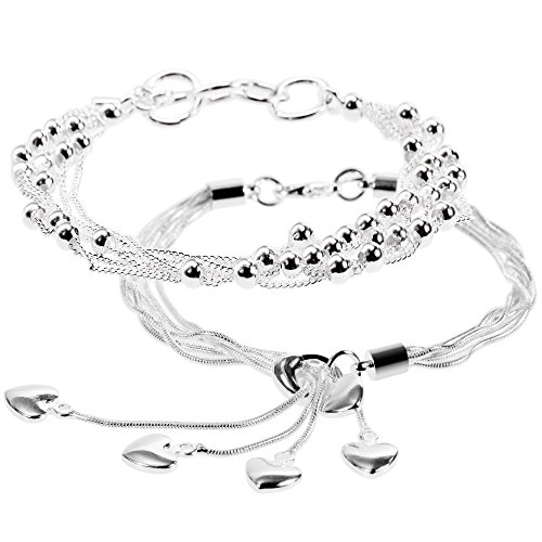 Lictin Pack de 2 Pulseras de Mujeres Plateada de Plata 925 Estilo Borla Corazon Fleco Brazalete de Mujer 20cm Regalo Cumpleaños Navidad El día de San Valentin Boda