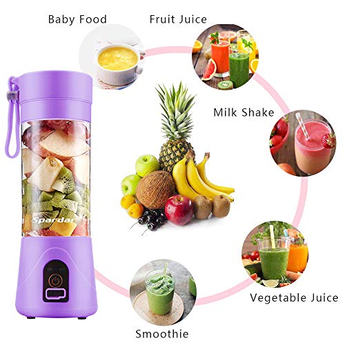 Licuadora Portátil, Eléctrico USB Juicer Mini Licuadora Taza de Jugo Máquina de Exprimidor de Botellas de Agua de 380 ml Con 4 Cuchillas, Smoothies, Batería Recargable de 1000 mAh (Purple)