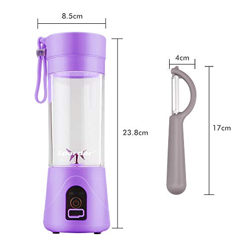 Licuadora Portátil, Eléctrico USB Juicer Mini Licuadora Taza de Jugo Máquina de Exprimidor de Botellas de Agua de 380 ml Con 4 Cuchillas, Smoothies, Batería Recargable de 1000 mAh (Purple)