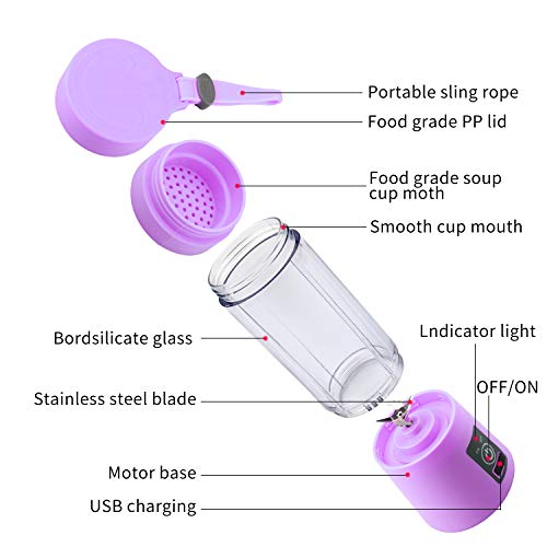 Licuadora Portátil, Eléctrico USB Juicer Mini Licuadora Taza de Jugo Máquina de Exprimidor de Botellas de Agua de 380 ml Con 4 Cuchillas, Smoothies, Batería Recargable de 1000 mAh (Purple)
