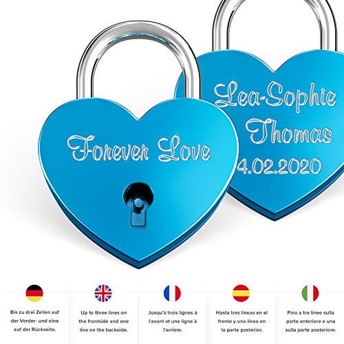 LIEBESSCHLOSS-FACTORY Pequeño Candado de amor Azul grabado en forma de corazón. Caja de regalo y mucho mas.Diseña tu castillo ahora grabado! LIEBESSCHLOSS-FACTORY Pequeño Candado de amor Azul grabado en forma de corazón. Caja de regalo y mucho mas.Diseña tu castillo ahora grabado!