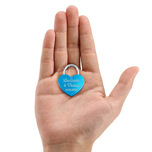 LIEBESSCHLOSS-FACTORY Pequeño Candado de amor Azul grabado en forma de corazón. Caja de regalo y mucho mas.Diseña tu castillo ahora grabado!