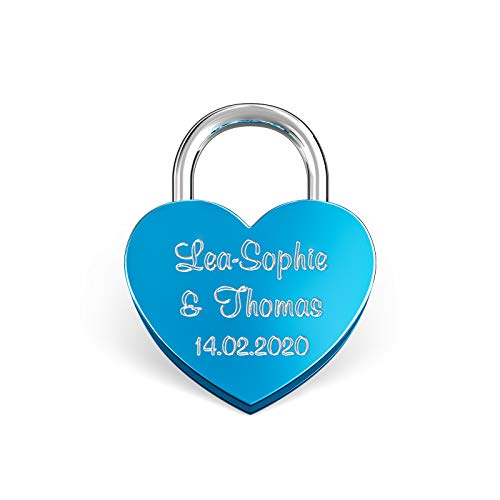LIEBESSCHLOSS-FACTORY Pequeño Candado de amor Azul grabado en forma de corazón. Caja de regalo y mucho mas.Diseña tu castillo ahora grabado! LIEBESSCHLOSS-FACTORY Pequeño Candado de amor Azul grabado en forma de corazón. Caja de regalo y mucho mas.Diseña tu castillo ahora grabado!