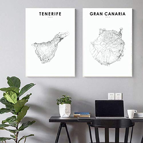 Lienzo impresiones en HD, póster de Tenerife, mapa artístico de pared, decoración del hogar, pintura de Gran Canaria, cuadros nórdicos modulares, sala de estar simple 60 * 80 cm