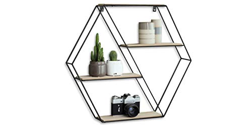 LIFA LIVING Estantería de Pared con 4 estantes, Madera y Hierro, Diseño Vintage Industrial, Forma Hexagonal, para almacenaje de Libros, Fotos, Botellas, y más, 51 x 11 x 58 cm