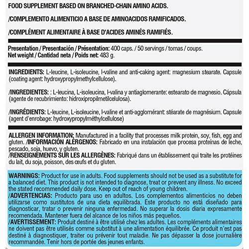 Life Pro BCAA Pro 8:1:1 1000 mg – Aminoácidos de cadena ramificada para contribuir a aumentar la masa muscular – Leucina, isoleucina y valina para la recuperación muscular – 400 cápsulas veganas