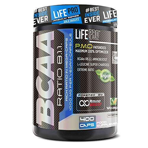 Life Pro BCAA Pro 8:1:1 1000 mg – Aminoácidos de cadena ramificada para contribuir a aumentar la masa muscular – Leucina, isoleucina y valina para la recuperación muscular – 400 cápsulas veganas