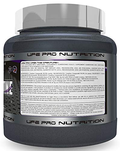 Life Pro Creatine Creapure 250g | Suplemento de Creatina en Polvo con 99.9% de Pureza para Deportistas, Aumenta Resistencia y Fuerza, Sabor Neutro