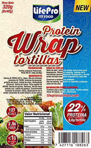 Life Pro Fit Food Protein Wrap Tortillas Proteicas 8x40g | 8,8g de proteína por cada tortilla | Tortilla mejicana con un alto contenido de proteínas | Cuida tu cuerpo con nuestros Wraps Proteicos
