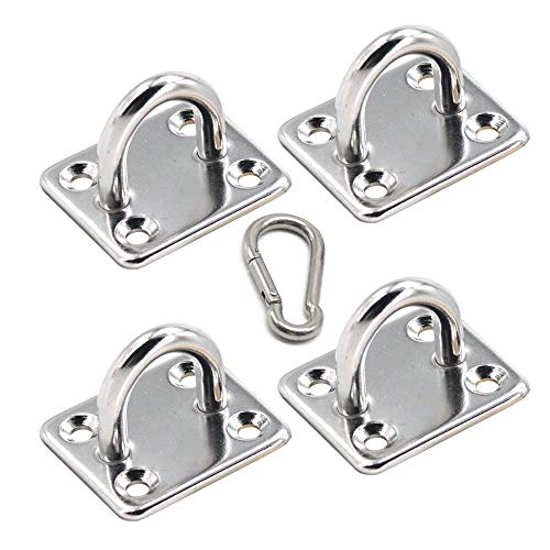 Lifreer - 4 Almohadillas de Acero Inoxidable para Placa de Ojo, 4 x 4 cm, Hebillas cuadradas, 1 Gancho de Metal con Resorte para Deportes al Aire Libre, Paredes, techos, Suelos, Cubiertas