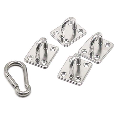 Lifreer - 4 Almohadillas de Acero Inoxidable para Placa de Ojo, 4 x 4 cm, Hebillas cuadradas, 1 Gancho de Metal con Resorte para Deportes al Aire Libre, Paredes, techos, Suelos, Cubiertas