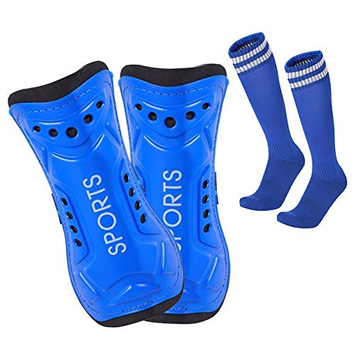 Lifreer Espinilleras de fútbol, espinilleras de fútbol, espinilleras para niños, calcetines de fútbol para niños y niñas, equipo protector de pantorrilla (azul) (S)