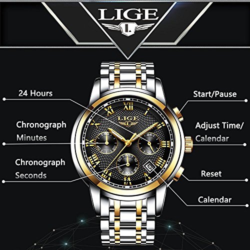 LIGE Hombres Moda Impermeable Cronógrafo Analogicos Cuarzo Relojes con Acero Inoxidable Negro Reloj para Hombre