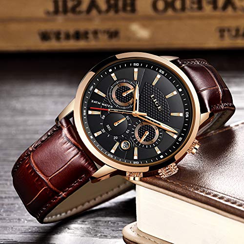 LIGE Reloj Hombre Moda CronóGrafo Impermeable Cuarzo AnalóGico Acero Inoxidable Cuero Brazalete Negocios Casual Calendario Reloj