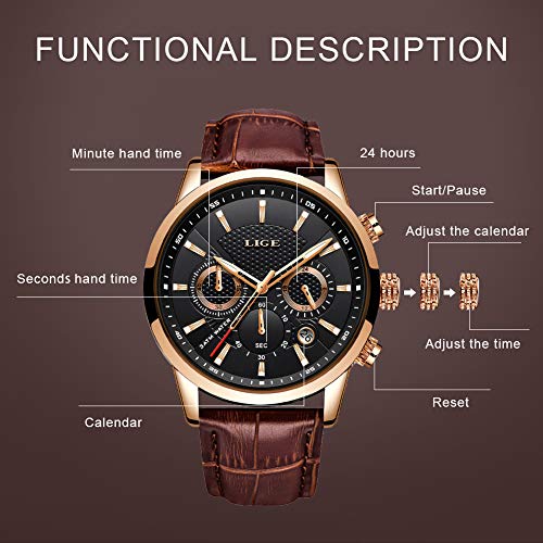 LIGE Reloj Hombre Moda CronóGrafo Impermeable Cuarzo AnalóGico Acero Inoxidable Cuero Brazalete Negocios Casual Calendario Reloj