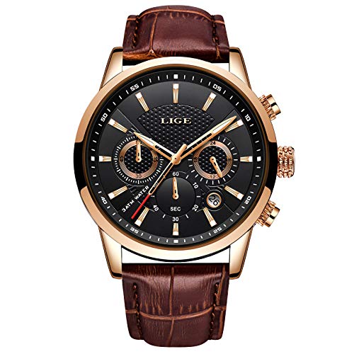 LIGE Reloj Hombre Moda CronóGrafo Impermeable Cuarzo AnalóGico Acero Inoxidable Cuero Brazalete Negocios Casual Calendario Reloj