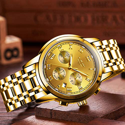 LIGE Relojes de Pulsera Acero Inoxidable Negocios Cuarzo Analógico Relojes Elegantes Dorados Moda Vestir Reloj