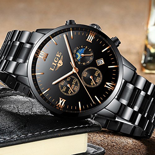 LIGE Relojes Hombre Acero Inoxidable Impermeable Deportes analógico de Cuarzo Hombres Reloj Negocios Cronógrafo Negro Fecha Automática Relojes