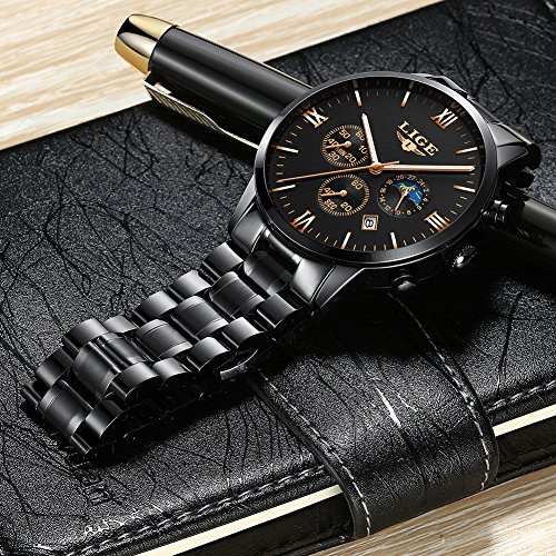 LIGE Relojes Hombre Acero Inoxidable Impermeable Deportes analógico de Cuarzo Hombres Reloj Negocios Cronógrafo Negro Fecha Automática Relojes