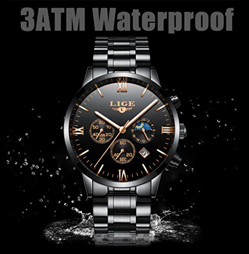 LIGE Relojes Hombre Acero Inoxidable Impermeable Deportes analógico de Cuarzo Hombres Reloj Negocios Cronógrafo Negro Fecha Automática Relojes