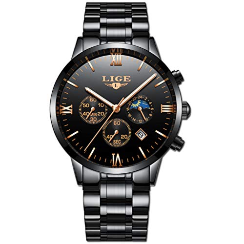 LIGE Relojes Hombre Acero Inoxidable Impermeable Deportes analógico de Cuarzo Hombres Reloj Negocios Cronógrafo Negro Fecha Automática Relojes