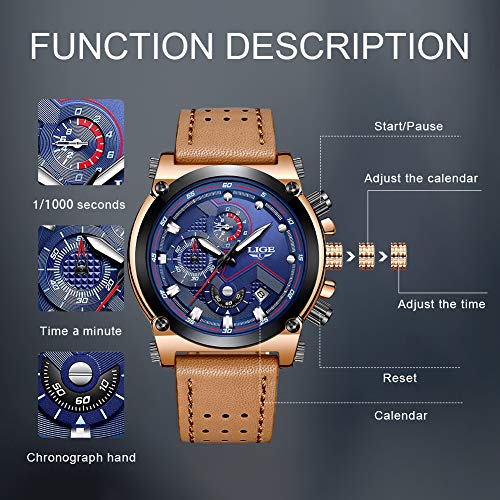 LIGE Relojes Hombre Militar Impermeable Deportes Analogicos Cuarzo Relojes Hombre Lujo Azul Automática Fecha Cuero Relojes