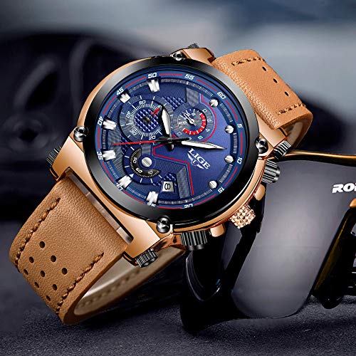 LIGE Relojes Hombre Militar Impermeable Deportes Analogicos Cuarzo Relojes Hombre Lujo Azul Automática Fecha Cuero Relojes