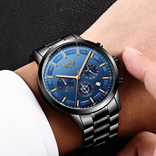 LIGE Relojes para Hombre Moda Acero Inoxidable Deportivo Analógico Reloj Cronógrafo Impermeable Negocios Reloj de Pulsera (Blue Black) LIGE Relojes para Hombre Moda Acero Inoxidable Deportivo Analógico Reloj Cronógrafo Impermeable Negocios Reloj de Pulsera (Blue Black)