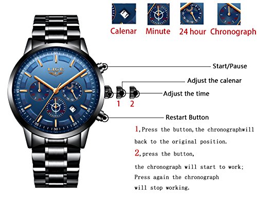 LIGE Relojes para Hombre Moda Acero Inoxidable Deportivo Analógico Reloj Cronógrafo Impermeable Negocios Reloj de Pulsera (Blue Black)