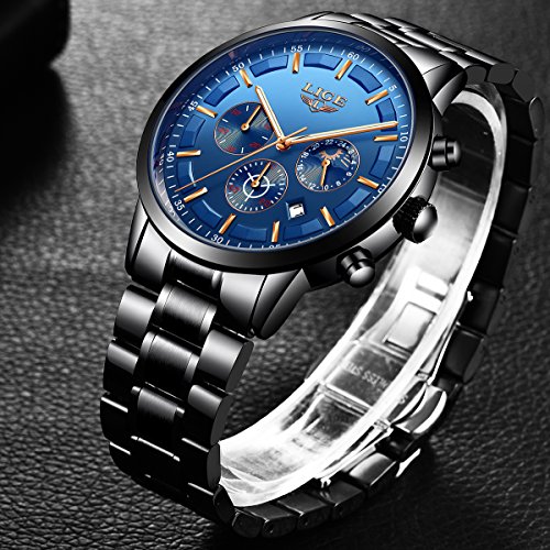 LIGE Relojes para Hombre Moda Acero Inoxidable Deportivo Analógico Reloj Cronógrafo Impermeable Negocios Reloj de Pulsera (Blue Black)