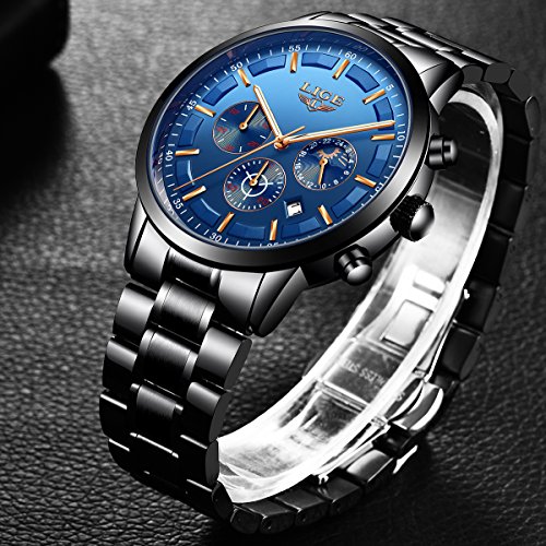 LIGE Relojes para Hombre Moda Acero Inoxidable Deportivo Analógico Reloj Cronógrafo Impermeable Negocios Reloj de Pulsera (Blue Black) LIGE Relojes para Hombre Moda Acero Inoxidable Deportivo Analógico Reloj Cronógrafo Impermeable Negocios Reloj de Pulsera (Blue Black)