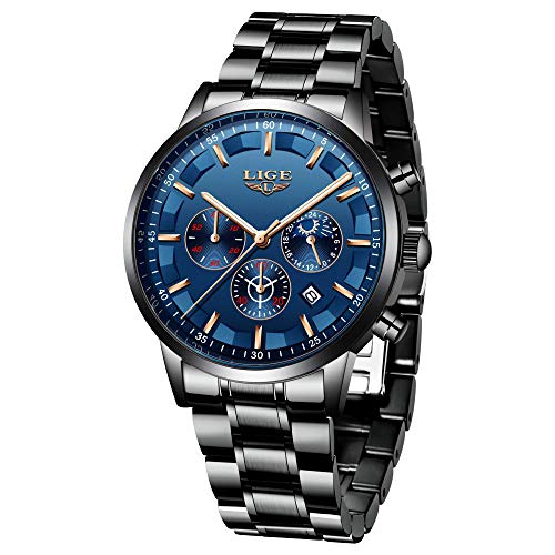 LIGE Relojes para Hombre Moda Acero Inoxidable Deportivo Analógico Reloj Cronógrafo Impermeable Negocios Reloj de Pulsera (Blue Black)