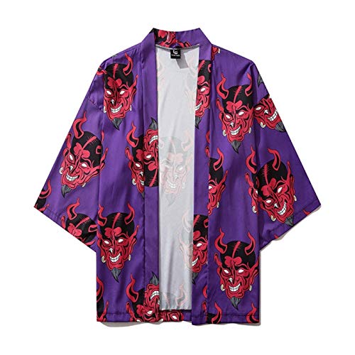 Lihcao Europa Y América del Cabezal De Impresión Demonio Estilo De La Calle De Siete Puntos Bata Manga Japonés del Ukiyo-e Par Camisa Suelta (Color : Purple, Size : L)