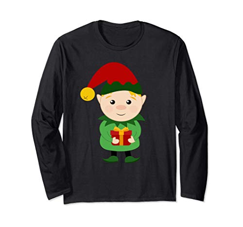 Lindo elfo con gorro de Papá Noel con regalo para ti Navidad Manga Larga Lindo elfo con gorro de Papá Noel con regalo para ti Navidad Manga Larga