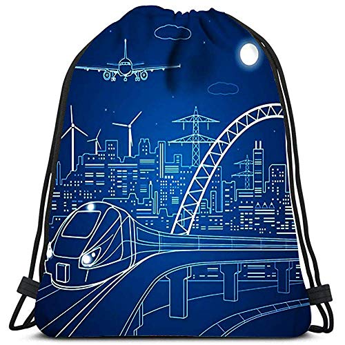 Líneas de Mochila con cordón Tren en el Puente de la luz La Ciudad y el avión Llegan a la Tierra Yoga Runner Daypack Mochila Bolsas