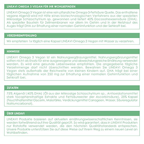 LINEAVI Omega 3 Vegano, ácidos Omega 3 Procedentes de Aceite de Algas, la Alternativa Vegetal a los preparados de Aceite de Pescado, Fabricado en Alemania, 60 cápsulas (para 2 Meses)