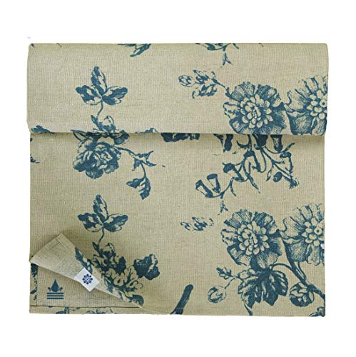 Linen & Cotton Camino de Mesa en Textil Recubierto Fiore -59% Lino, 41% Algodón, Beige Natural Azul (34 x 140 cm) Impermeable Antideslizante Corto Pequeño Vintage Decoración de Mesa para Casa Cocina