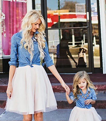 Linnuo Vestido Madre e Hija Camisetas Tops Blusas Jeans & Falda Tutú Tul Ballet Vestido Mujeres Niña Familia Fiesta (Azul, Blanco,L (Mamá))