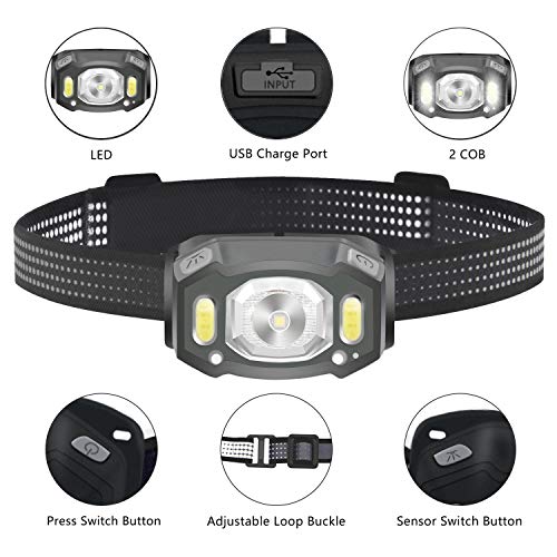 Linterna Frontal LED, Sensor USB Recargable Linterna Cabeza, Ligero Impermeable Linternas Frontales para Camping, Pesca, Correr, Caza, Deportes Nocturnos