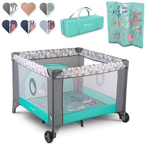 Lionelo Sofie Parque para bebés De viaje 100 x 100 x 76 cm Para niños de hasta 15 kg Perfecto en casa y de vacaciones Sistema de plegado seguro Bolsa incluida Gris y turquesa