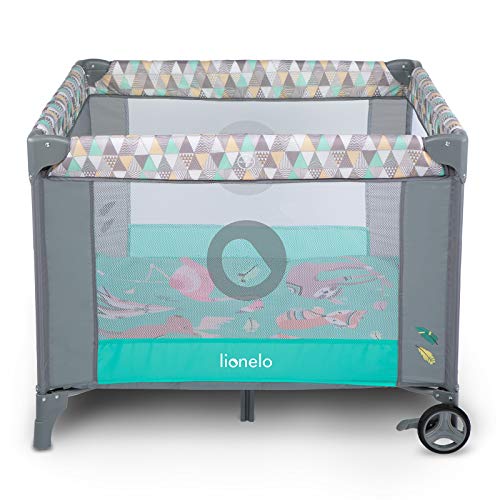 Lionelo Sofie Parque para bebés De viaje 100 x 100 x 76 cm Para niños de hasta 15 kg Perfecto en casa y de vacaciones Sistema de plegado seguro Bolsa incluida Gris y turquesa